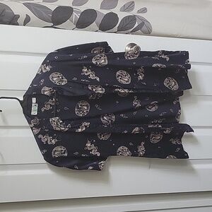 Silky Navy Blue and Gold Asian Dragon Print Blouse